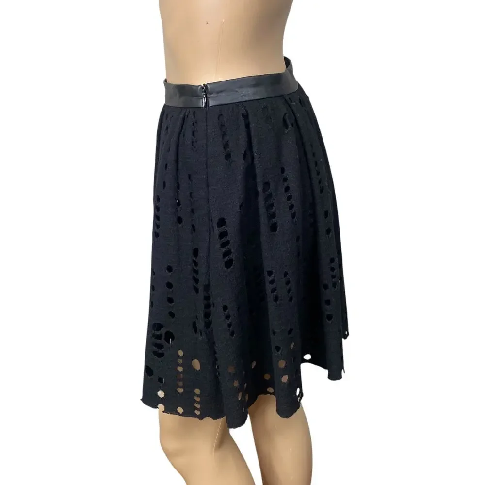 Maje Paris Black Pleated Knit Skirt XS | Laser Cut Perforated Leather Trim Luxe